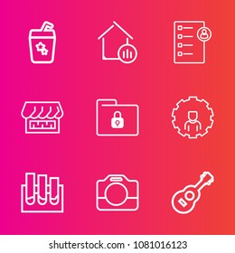 Premium set with outline vector icons. Such as glass, alcohol, human, music, file, analysis, juice, tropical, internet, business, house, online, account, mobile, ice, property, research, real, folder