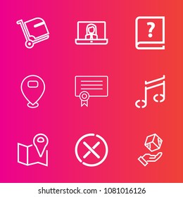 Premium set with outline vector icons. Such as map, technology, communication, internet, sound, suitcase, transportation, call, book, terminal, package, delivery, woman, sign, no, cancel, people, stop