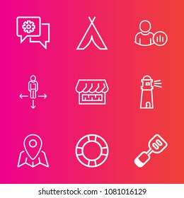 Premium set with outline vector icons. Such as travel, lighthouse, outdoor, direction, pin, spatula, ocean, sea, ring, camp, light, nature, chat, application, social, landscape, kitchen, profile, shop