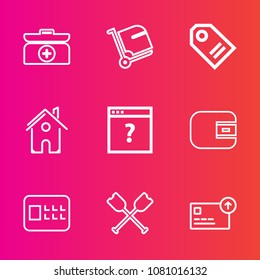 Premium set with outline vector icons. Such as luggage, medicine, emergency, sale, first, canoe, money, cross, architecture, equipment, house, wallet, bag, aid, airport, purse, box, oar, home, estate