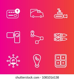 Premium set with outline vector icons. Such as location, underwater, camera, map, technology, ocean, point, traffic, road, sea, retro, water, tripod, car, movie, navigation, money, truck, vehicle, gun