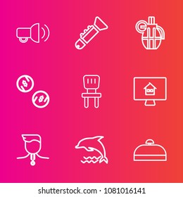 Premium set with outline vector icons. Such as luggage, communication, weapon, musical, comfortable, trip, megaphone, currency, nature, bugle, wildlife, finance, animal, chair, real, dolphin, medal
