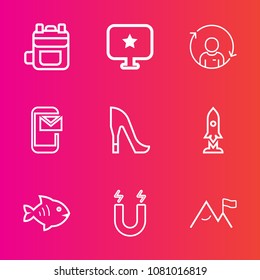 Premium set with outline vector icons. Such as mail, star, email, seafood, object, field, style, back, travel, female, pole, man, web, science, computer, quality, nature, fish, high, refresh, rucksack