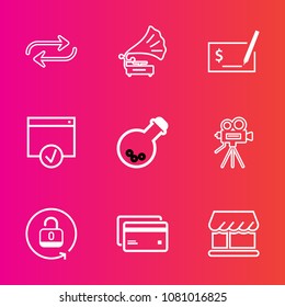 Premium set with outline vector icons. Such as substitute, music, debit, open, vintage, gramophone, shop, camera, pay, unlock, replacement, page, lock, check, equipment, medicine, movie, sign, banking