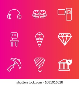 Premium set with outline vector icons. Such as chair, competition, ice, technology, equipment, room, home, construction, gem, video, music, device, training, crystal, finance, movie, sound, camera