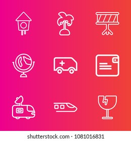 Premium set with outline vector icons. Such as house, global, instrument, shattered, world, ambulance, planet, dollar, transportation, drum, wallet, tree, car, antenna, van, purse, globe, hole, leaf