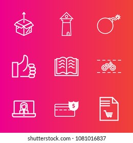 Premium set with outline vector icons. Such as transportation, call, house, notebook, carton, new, business, war, architecture, market, success, technology, europe, tower, cycle, up, literature, page