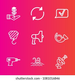 Premium set with outline vector icons. Such as garden, communication, satellite, chat, blue, button, equipment, growth, water, space, sign, reload, swimming, bugle, loud, machine, musical, drill, pool