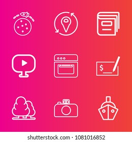 Premium set with outline vector icons. Such as transport, cooking, rocket, vessel, planet, sign, summer, shuttle, business, pen, oven, sea, boat, play, tree, camera, technology, photography, landscape