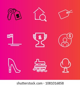 Premium set with outline vector icons. Such as high, business, first, lock, finance, ocean, search, home, landscape, baja, winner, nature, financial, mexico, ship, forest, tree, real, style, fashion