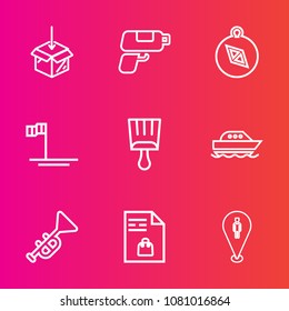 Premium set with outline vector icons. Such as market, north, retro, brush, internet, web, south, beach, pin, shopping, east, water, package, bugle, mexico, pistol, list, paintbrush, download, ocean