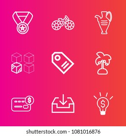 Premium set with outline vector icons. Such as bicycle, replacement, victory, sign, trophy, bank, cycle, achievement, idea, money, pottery, transportation, tropical, sale, award, web, label, prize
