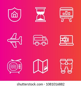 Premium set with outline vector icons. Such as television, map, airplane, property, internet, infographic, hourglass, sand, video, home, world, clock, call, hour, plane, travel, care, business, house