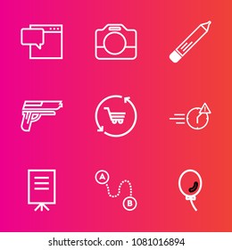 Premium set with outline vector icons. Such as gun, dialog, travel, balloon, shop, movie, people, handgun, speech, holiday, talk, pencil, equipment, firearm, meeting, retail, businessman, position