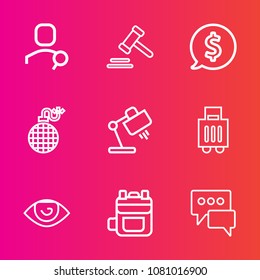 Premium set with outline vector icons. Such as danger, human, power, table, bag, body, justice, airport, label, search, bomb, speech, law, lamp, website, web, internet, technology, courthouse, baggage