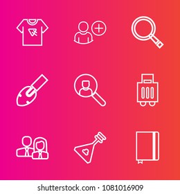Premium set with outline vector icons. Such as business, notebook, shovel, consultant, folk, baggage, computer, page, tshirt, sign, online, staff, web, equipment, social, t-shirt, add, people, music