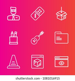 Premium set with outline vector icons. Such as office, business, education, window, profile, play, concert, effect, file, up, white, domino, musical, delivery, equipment, game, strategy, guitar, user