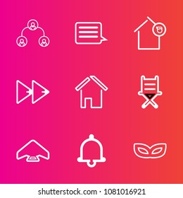 Premium set with outline vector icons. Such as mask, notification, parachuting, leadership, music, message, rewind, company, player, home, business, extreme, sky, structure, furniture, button, alarm