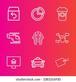 Premium set with outline vector icons. Such as box, estate, coffee, service, data, graph, culture, cafe, boy, business, delivery, egypt, mug, presentation, house, web, transportation, order, return