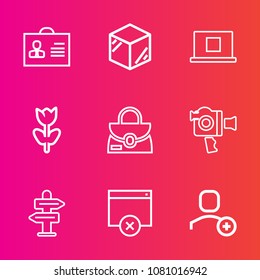 Premium set with outline vector icons. Such as profile, social, pink, container, template, bag, 3d, account, sign, spring, summer, camera, flower, business, object, video, male, floral, direction, way