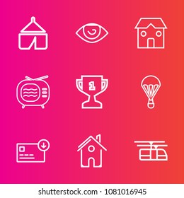 Premium set with outline vector icons. Such as nature, business, train, blue, architecture, parachuting, construction, money, tv, mouth, camp, achievement, television, place, building, eye, tent, home