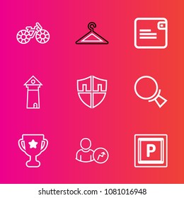 Premium set with outline vector icons. Such as street, car, europe, security, pedal, landmark, ride, first, clothing, hanger, protection, road, rack, magnifying, clothes, find, bicycle, vehicle, money