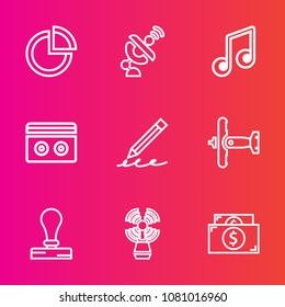 Premium set with outline vector icons. Such as pen, wireless, technology, sign, global, musical, paper, currency, military, aircraft, plane, satellite, diagram, note, money, sea, chart, lighthouse