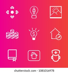 Premium set with outline vector icons. Such as building, inspiration, factory, innovation, border, medicine, study, image, encyclopedia, idea, frame, library, business, storehouse, photo, computer