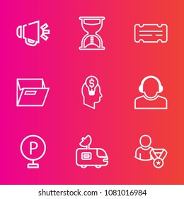 Premium set with outline vector icons. Such as car, speaker, loud, blank, timer, lot, urban, profile, team, center, time, voice, loudspeaker, office, television, service, clock, online, music, sand