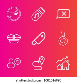 Premium set with outline vector icons. Such as love, online, anchor, data, food, sign, road, habit, route, increase, stop, property, necklace, no, navigation, captain, warning, music, business, web
