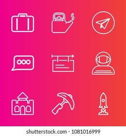 Premium set with outline vector icons. Such as suitcase, message, crane, steam, bag, technology, kettle, chat, speech, terminal, baggage, space, castle, journey, spaceship, transportation, airport
