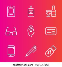 Premium set with outline vector icons. Such as eye, sign, tv, phone, control, channel, technology, storage, drink, glass, music, button, tag, red, equipment, wine, balance, credit, card, money, keypad