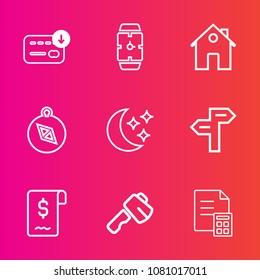 Premium set with outline vector icons. Such as financial, time, star, business, arrow, hand, compass, house, bag, sack, estate, cash, real, clock, south, banking, screwdriver, travel, direction, hour