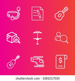 Premium set with outline vector icons. Such as concert, snorkel, web, musical, equipment, online, internet, rock, white, light, water, trend, sea, pub, paperwork, sky, beach, transport, mask, business
