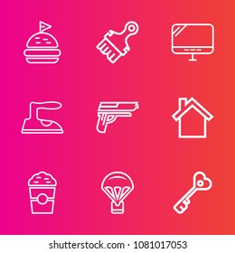 Premium set with outline vector icons. Such as computer, firearm, ironing, dinner, mobile, iron, coffee, clothes, drink, key, gun, sky, white, door, extreme, laptop, housework, jump, food, bread, meat