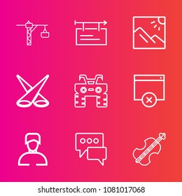 Premium set with outline vector icons. Such as male, light, violoncello, billboard, saw, scene, backdrop, wheel, sign, atv, spotlight, hammer, extreme, cello, boy, construction, speech, building, quad
