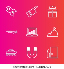 Premium set with outline vector icons. Such as people, box, bomb, hobby, screen, attack, direction, gas, gift, oil, computer, gasoline, strike, sky, war, hit, weapon, water, nuclear, pole, landscape