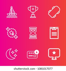 Premium set with outline vector icons. Such as skateboard, vessel, finance, blue, delivery, yacht, sand, moon, night, extreme, competition, ribbon, computer, cup, boat, champion, winner, water, sea