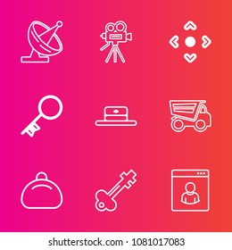 Premium set with outline vector icons. Such as lock, sign, fashion, door, equipment, vehicle, object, truck, arrow, profile, antenna, dish, radio, head, old, film, tripod, satellite, house, vintage