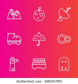 Premium set with outline vector icons. Such as dish, space, map, travel, lighthouse, science, sea, bed, galaxy, communication, scary, location, astronaut, light, beautiful, fun, umbrella, planet, pin