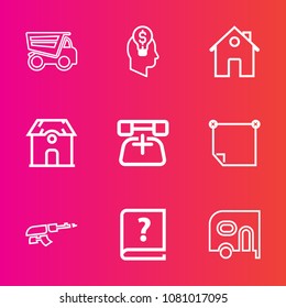Premium set with outline vector icons. Such as dumper, communication, phone, military, army, truck, new, real, office, property, dump, note, idea, transportation, concept, home, car, architecture, pen