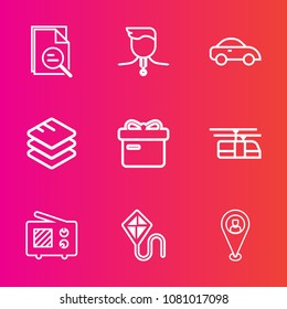 Premium set with outline vector icons. Such as sky, radio, wireless, taxi, vehicle, transport, kite, train, magnifying, travel, rail, car, summer, joy, medal, blue, transportation, data, business, box