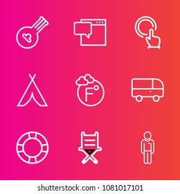 Premium set with outline vector icons. Such as music, seat, fahrenheit, communication, summer, ring, transport, bus, male, melody, man, speech, touch, chair, art, travel, armchair, bubble, pool, hand