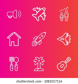Premium set with outline vector icons. Such as transport, shuttle, speech, musical, space, leaf, travel, flight, white, palm, fork, rocket, home, communication, development, architecture, launch, loud
