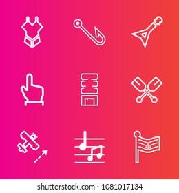 Premium set with outline vector icons. Such as plane, equipment, cold, white, fashion, aircraft, america, fish, travel, touch, music, airplane, canoe, nation, girl, flag, finger, summer, sexy, hook