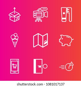 Premium set with outline vector icons. Such as dessert, white, travel, microphone, technology, escape, unpacking, money, new, video, investment, clean, cardboard, man, camera, care, finance, app, map