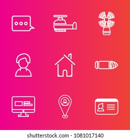 Premium set with outline vector icons. Such as name, military, sea, horizontal, id, sky, architecture, home, helicopter, marine, web, aircraft, document, identification, location, sign, profile, fly