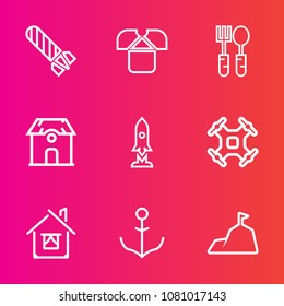 Premium set with outline vector icons. Such as kitchen, helm, power, shirt, table, clothing, helicopter, landscape, aerial, rudder, mountain, restaurant, craft, explode, front, spaceship, spoon, drone
