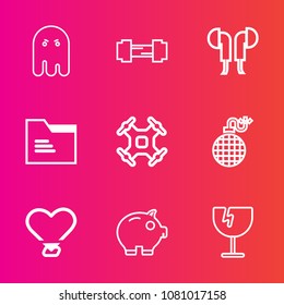Premium set with outline vector icons. Such as love, fit, drone, helicopter, money, paper, file, fire, control, economy, dark, workout, sport, destruction, sound, crash, halloween, headset, blank, gym