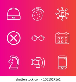 Premium set with outline vector icons. Such as sign, touchscreen, optical, rocket, day, white, horse, mobile, no, space, cancel, glasses, fashion, clothing, shuttle, head, game, cap, screen, digital